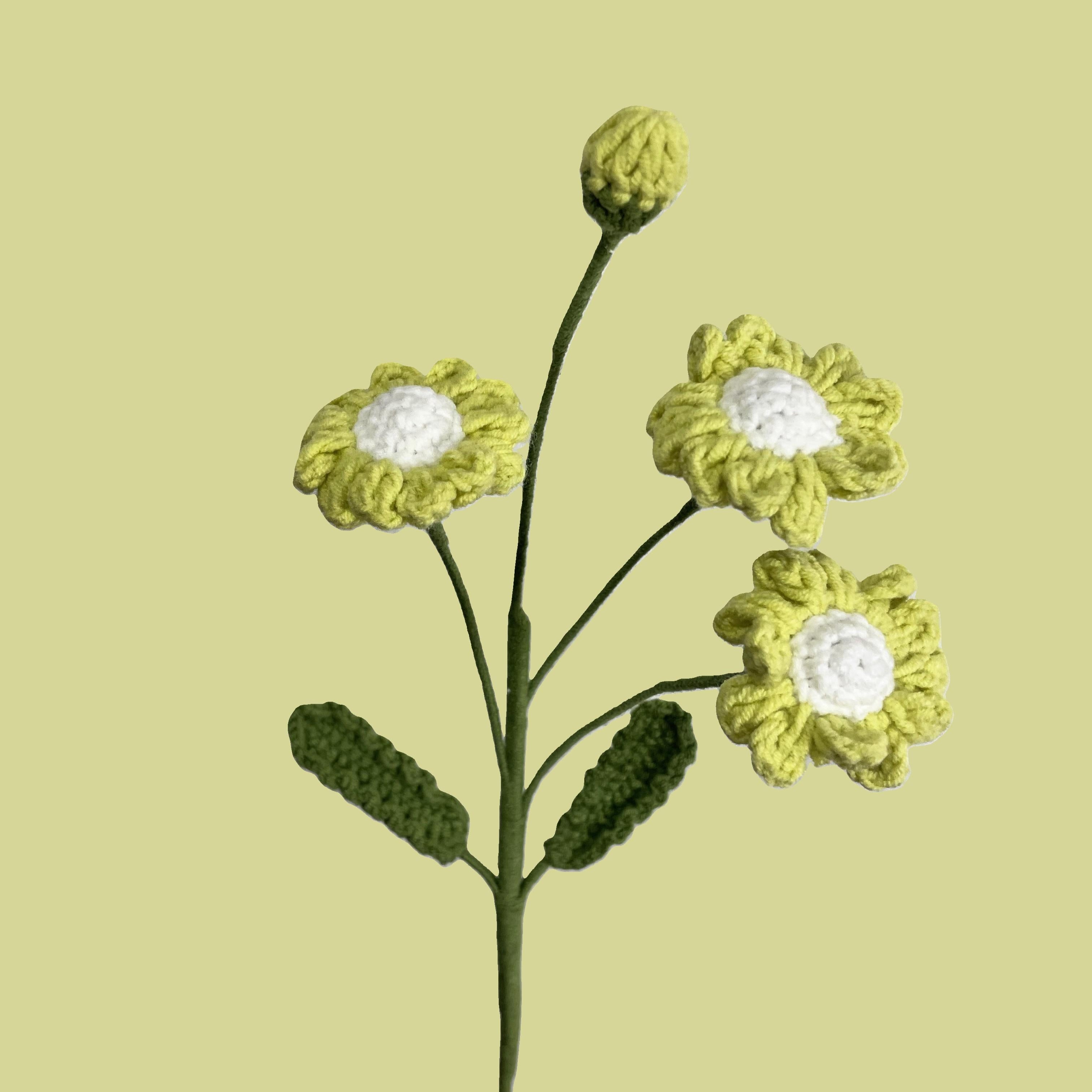 Handmade Little Daisy crochet flower – yellow green petals and green stem for sustainable décor and gifts
