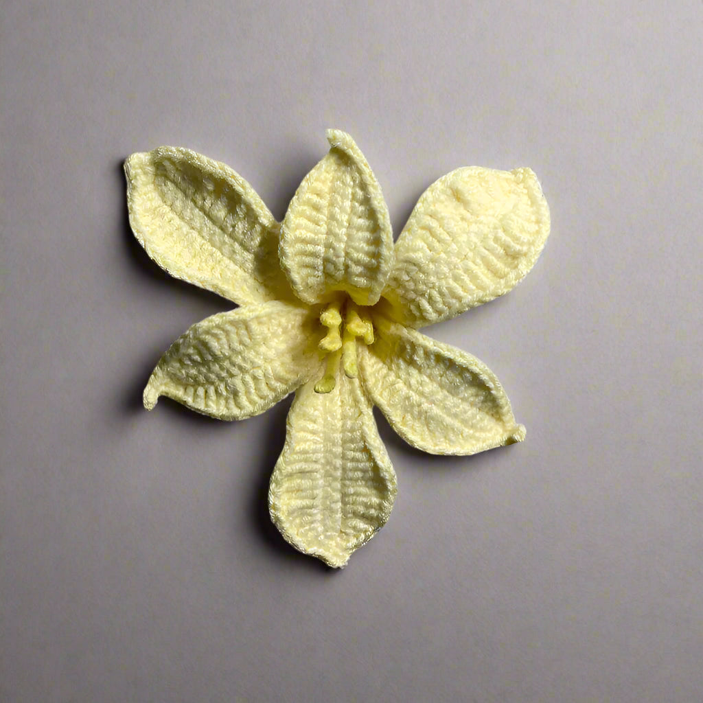 Handcrafted Alstroemeria crochet flower in pastel colors for eco-friendly home décor and gifting
