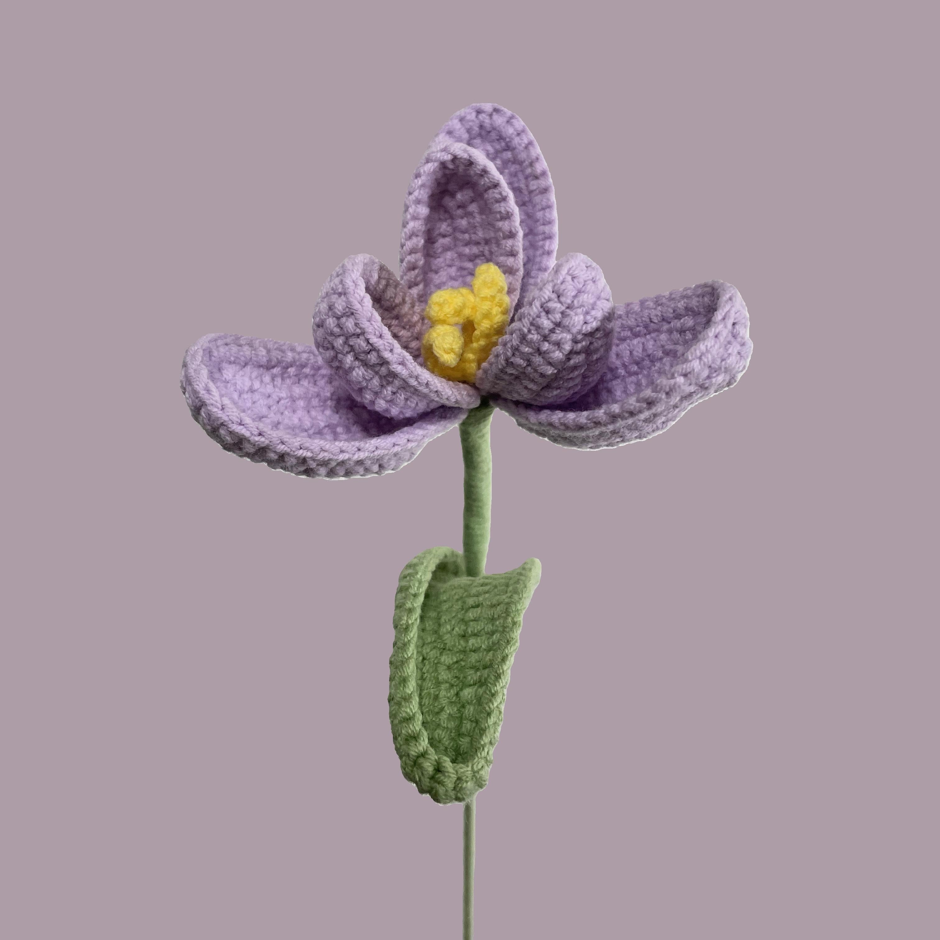 Handmade crochet tulip flower in lavender yarn, eco-friendly and perfect for sustainable home decor or gifting
