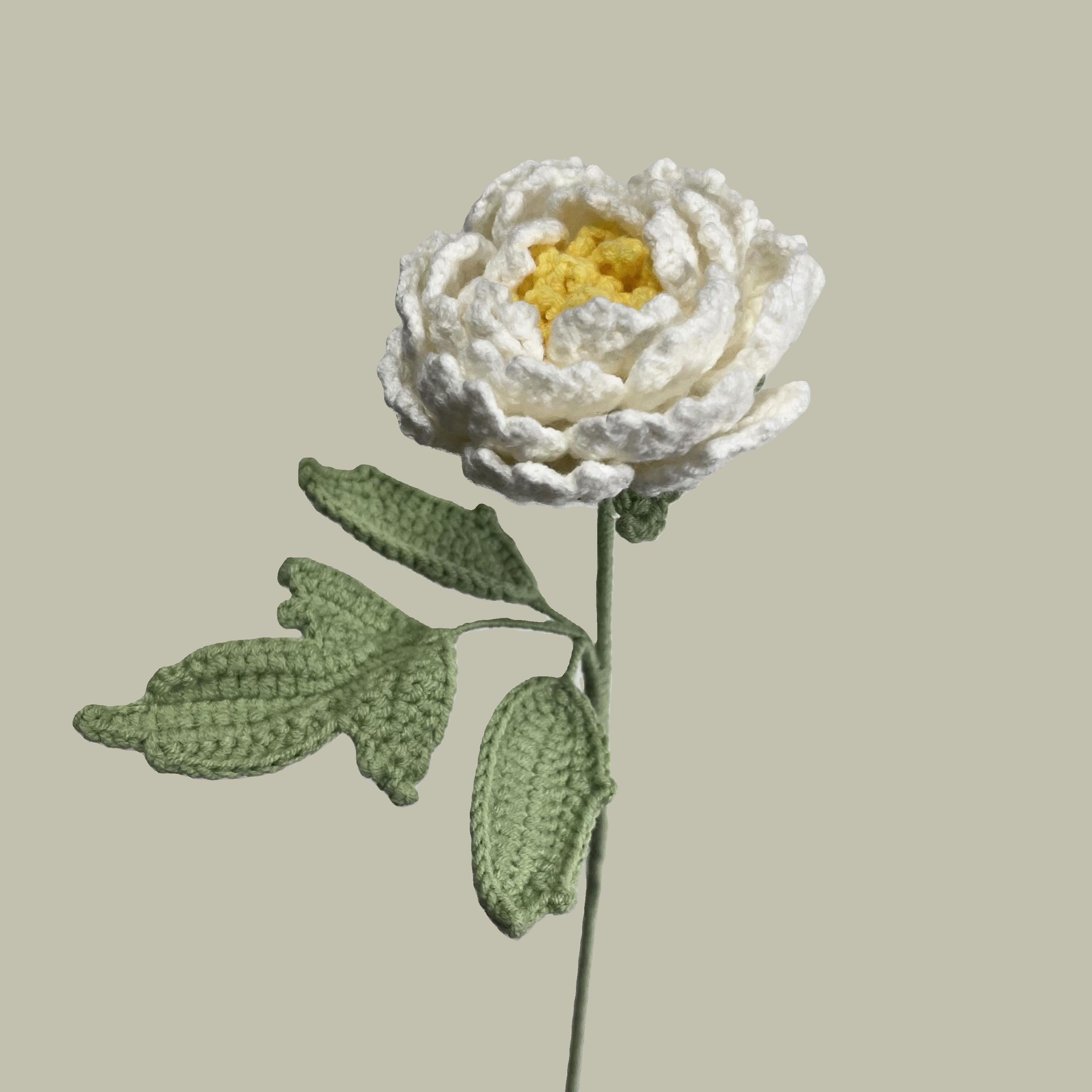 white handmade crochet peony flower on – sustainable gift
