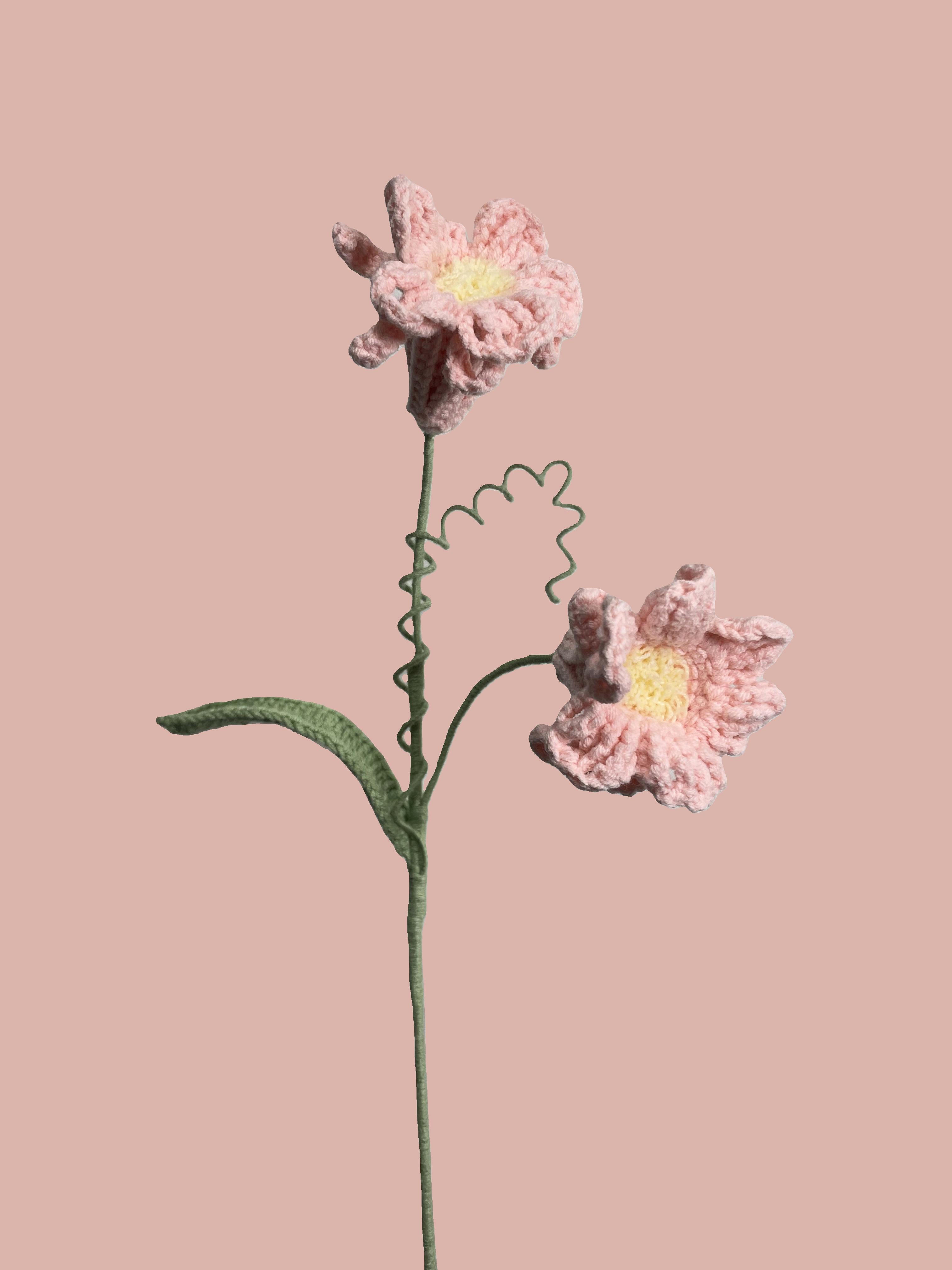 Handmade crochet daffodil flower in pink yarn, perfect for eco-friendly home decor and gifting
